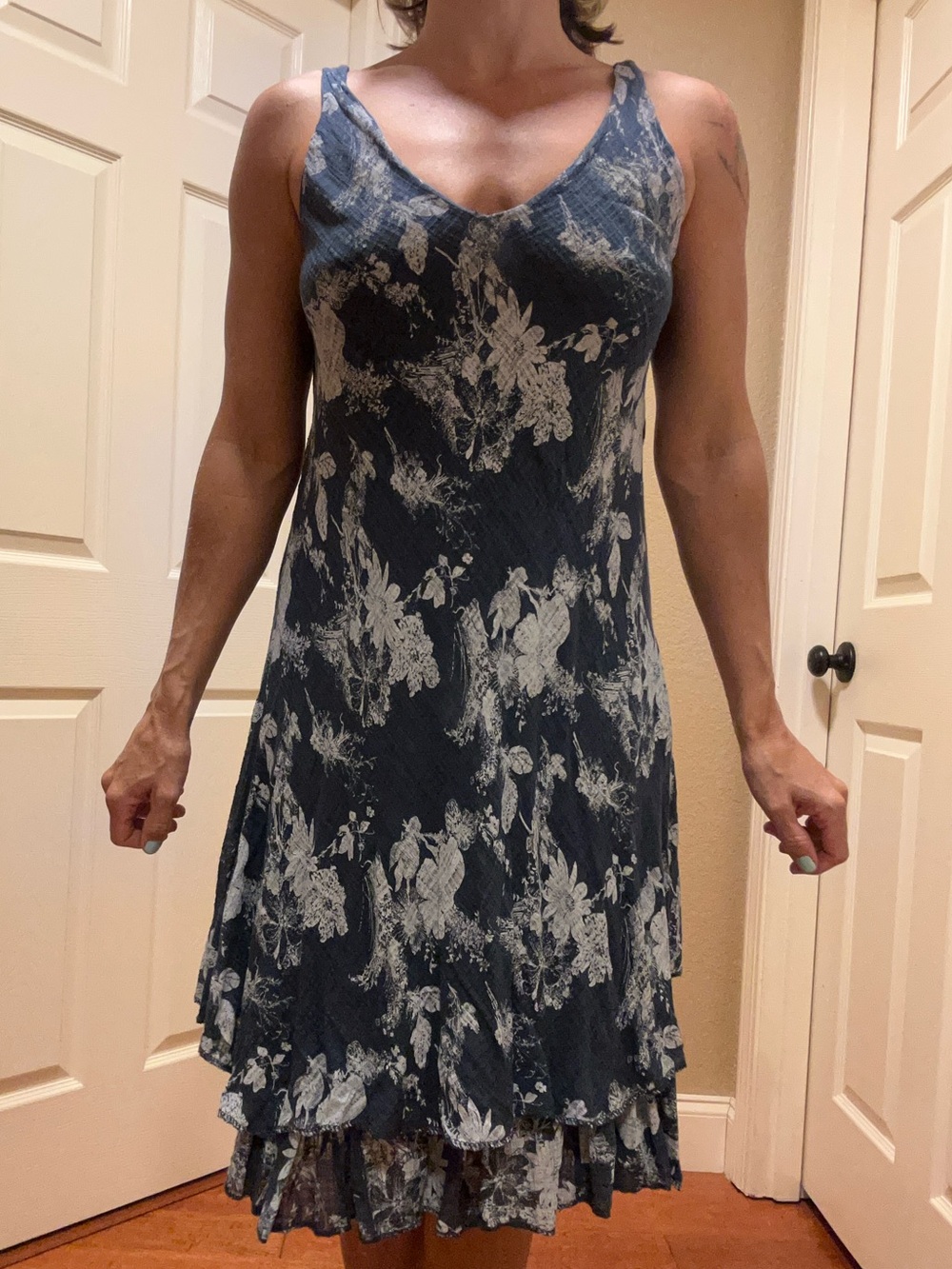 Italian Linen Loose Navy Floral V-Neck Midi Dress